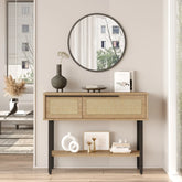 Console entrée CYRIUS en bois clair et rotin – Mise en scène dans une décoration moderne avec miroir rond - LEBOMEUBLE